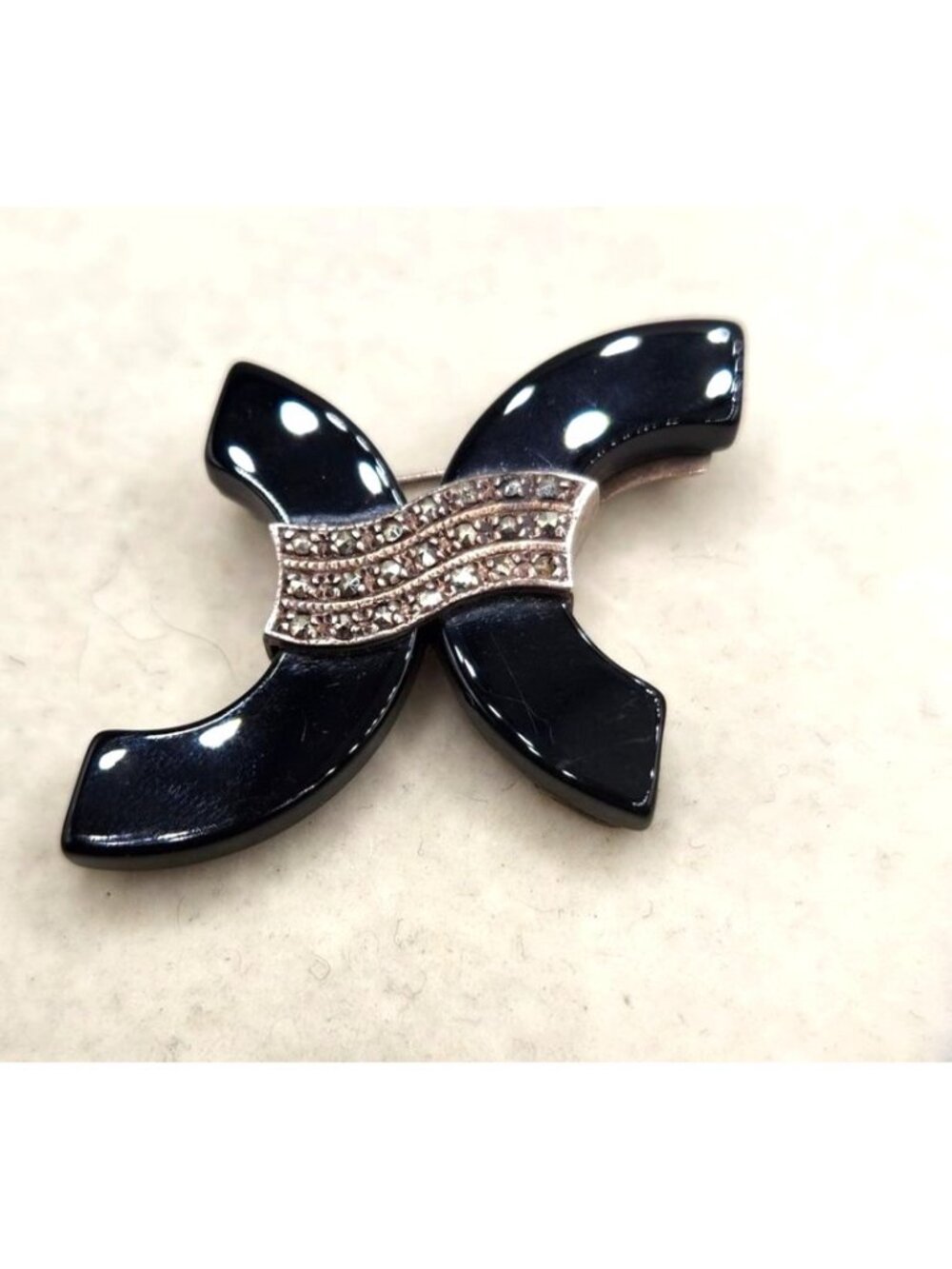 Black Onyx Sterling Silver Brooch With Marcasite Accent - Modernist Style